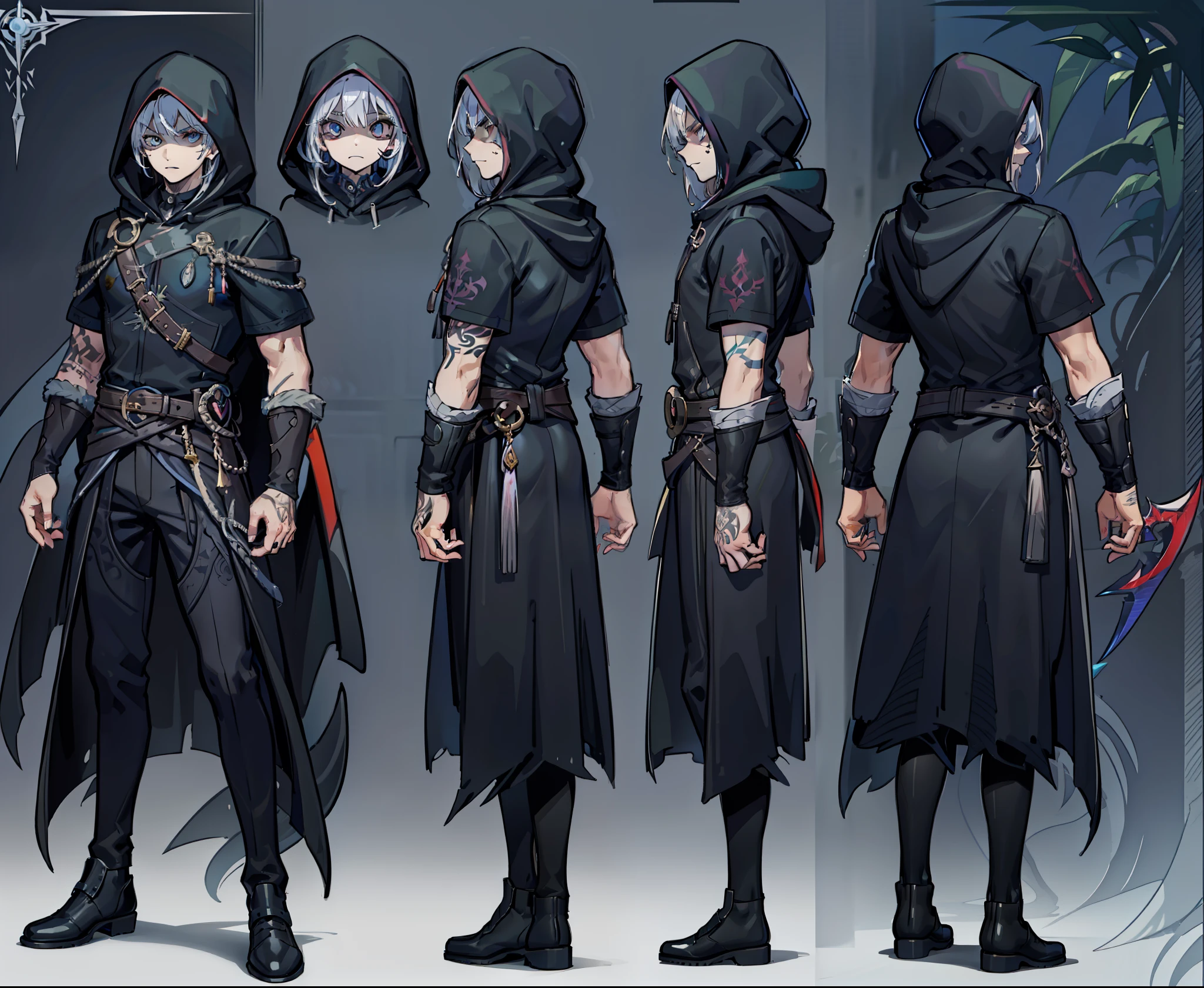 1man, reference sheet, matching outfit, (fantasy character design, front, back, sides, left, right, up, down) Hooded Mysterious Man. Sharp features, piercing eyes. Distinctive tattoo of a serpent entwined with a sword on his right cheek. Wearing a dark cloak, concealing his identity. (masterpiece:1.2), (best quality:1.3).