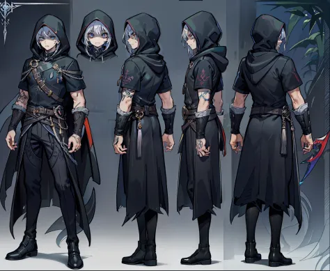 1man, reference sheet, matching outfit, (fantasy character design, front, back, sides, left, right, up, down) Hooded Mysterious ...