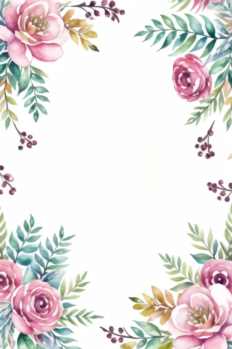 watercolor pattern of beautiful flowers, berries,  ferns, leaves,  in the style of House Of Hackney. Watercolor paper texture.