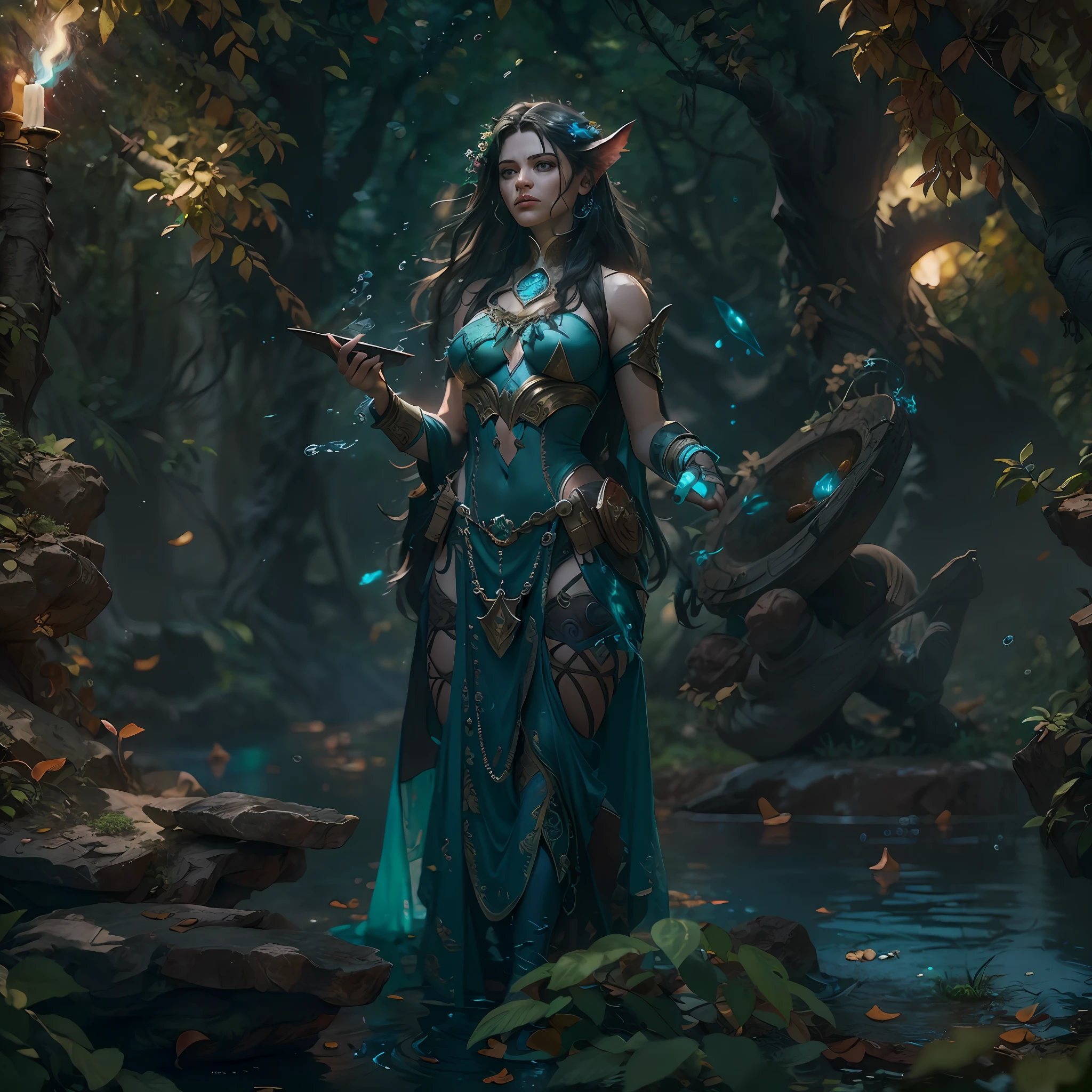 high details, best quality, 8k, [ultra detailed], masterpiece, best quality, (extremely detailed), ultra wide shot, photorealistic, fantasy art, dnd art, rpg art, realistic art, an ultra wide picture of human female (intense details, Masterpiece, best details: 1.5) in underground druid grove casting a spell, red magical light (intense details, Masterpiece, best details: 1.5), wearing leather armor (intense details, Masterpiece, best details: 1.5), wearing cloak (intense details, Masterpiece, best details: 1.5), wearing  boots, high heeled boots,  holy symbol, blue light from symbol, dynamic hair, intense eyes, dynamic eyes, D&D human female (intense details, Masterpiece, best details: 1.5), black hair, long hair, fantasy [underground] (intense details, Masterpiece, best details: 1.5), druid grove, water fall details, rich fantasy underground life details (intense details, Masterpiece, best details: 1.5) ,stone pillars (intense details, Masterpiece, best details: 1.5),  animals, water springs, soft light, phosphoric light. dynamic light (intense details, Masterpiece, best details: 1.5), fungi in the background, celestial background, ((divine worship atmosphere)), high details, best quality, highres, ultra wide angle, octane rendering