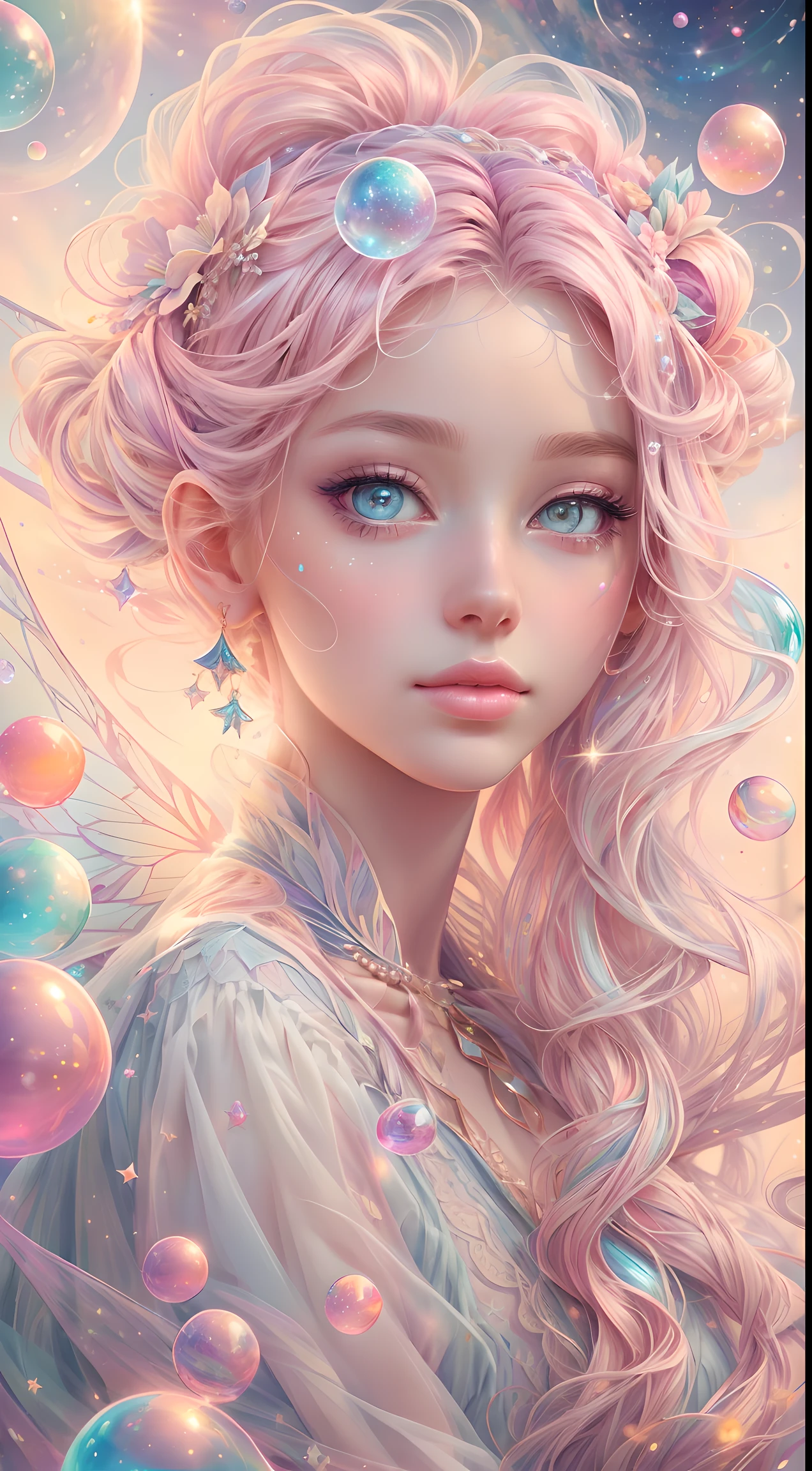 ((masterpiece)). This artwork is dreamy and ethereal, with soft pink watercolor hues. Generate a delicate fairy exploring a bubblegum world with a wide variety of pastel shades. Her sweet face is extremely detailed and realistic with elegant, and looks like ((Yael Shelvia)). Include mature features, and puffy, big lips and stunning, highly realistic eyes. Her eyes are important and should be realistic, highly detailed, and beautiful. In high definition and detail, include lots of details like stars, galaxies, colorful bubbles, colorful petals, and lots of energy and emotion! The stars and colorful bubblegum bubbles are important! Include fantasy details, enhanced details, iridescence, colorful glittering wind, and pollen. Pay special attention to her face and make sure it is beautifully and realistically detailed. The image should be dreamy and ethereal.8k, intricate, elegant, highly detailed, majestic, digital photography