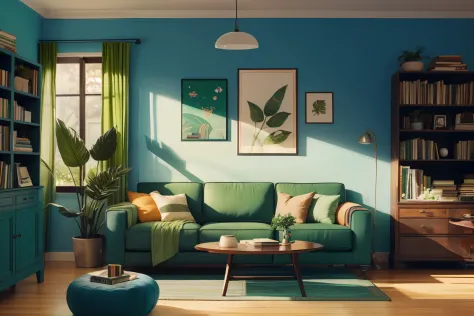 a living room with a dark blue sofa and a green plant on the wall and a bookcase with colorful books. Um pinheiro de Natal, chei...