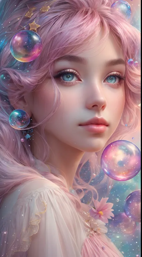 ((masterpiece)). This artwork is dreamy and ethereal, with soft pink watercolor hues. Generate a delicate fairy exploring a bubb...