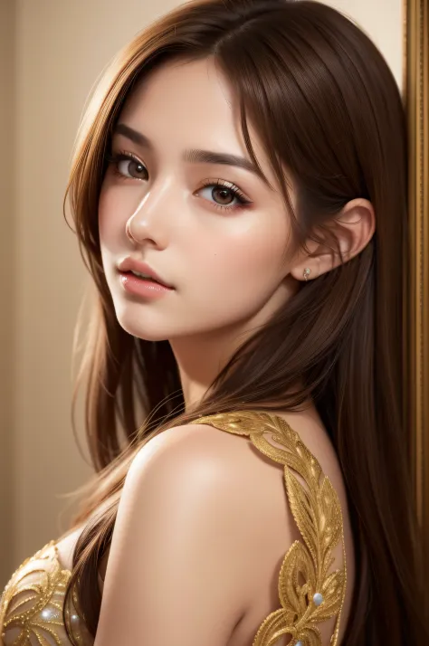 best quality, masterpiece, (realistic:1.2), 1 girl, brown hair, brown eyes, Front, detailed face, beautiful eyes, wear golden amor,