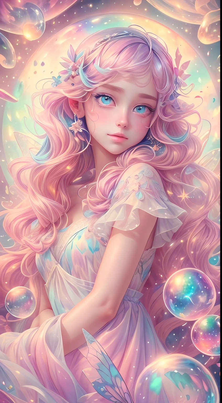 ((masterpiece)). This artwork is dreamy and ethereal, with soft pink watercolor hues. Generate a delicate fairy exploring a bubblegum world with a wide variety of pastel shades. Her sweet face is extremely detailed and realistic with elegant, and looks like ((Yael Shelvia)). Include mature features, and puffy, big lips and stunning, highly realistic eyes. Her eyes are important and should be realistic, highly detailed, and beautiful. In high definition and detail, include lots of details like stars, galaxies, colorful bubbles, colorful petals, and lots of energy and emotion! The stars and colorful bubblegum bubbles are important! Include fantasy details, enhanced details, iridescence, colorful glittering wind, and pollen. Pay special attention to her face and make sure it is beautifully and realistically detailed. The image should be dreamy and ethereal.8k, intricate, elegant, highly detailed, majestic, digital photography