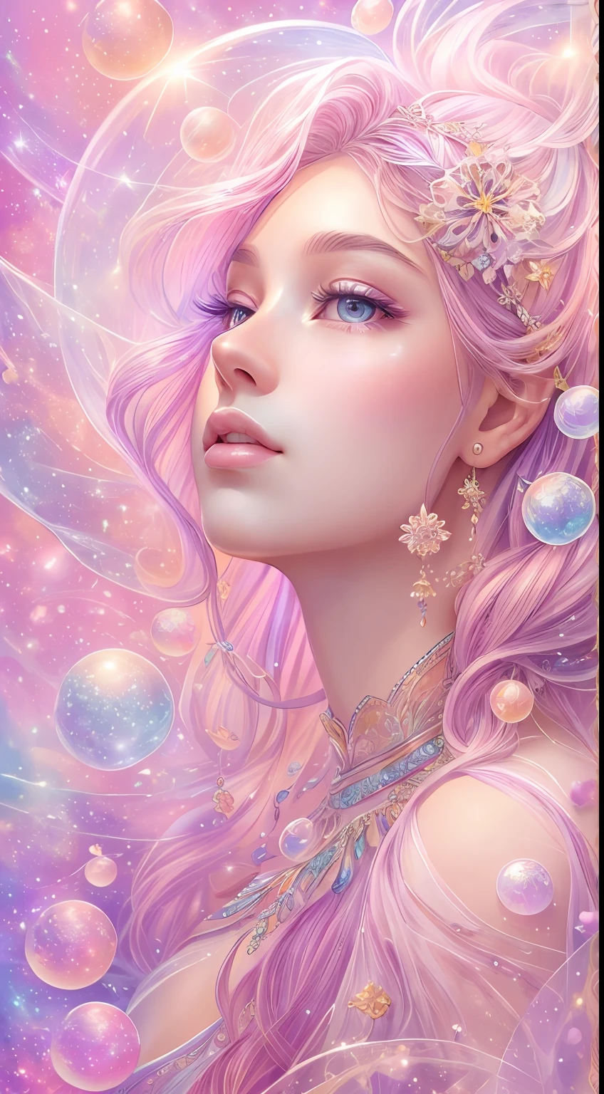 ((masterpiece)). This artwork is dreamy and ethereal, with soft pink watercolor hues. Generate a delicate fairy exploring a bubblegum world with a wide variety of pastel shades. Her sweet face is extremely detailed and realistic with elegant, and looks like ((Yael Shelvia)). Include mature features, and puffy, big lips and stunning, highly realistic eyes. Her eyes are important and should be realistic, highly detailed, and beautiful. In high definition and detail, include lots of details like stars, galaxies, colorful bubbles, colorful petals, and lots of energy and emotion! The stars and colorful bubblegum bubbles are important! Include fantasy details, enhanced details, iridescence, colorful glittering wind, and pollen. Pay special attention to her face and make sure it is beautifully and realistically detailed. The image should be dreamy and ethereal.8k, intricate, elegant, highly detailed, majestic, digital photography