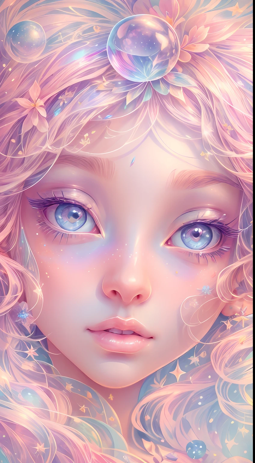 ((masterpiece)). This artwork is dreamy and ethereal, with soft pink watercolor hues. Generate a delicate fairy exploring a bubblegum world with a wide variety of pastel shades. Her sweet face is extremely detailed and realistic with elegant, and looks like ((Yael Shelvia)). Include mature features, and puffy, big lips and stunning, highly realistic eyes. Her eyes are important and should be realistic, highly detailed, and beautiful. In high definition and detail, include lots of details like stars, galaxies, colorful bubbles, colorful petals, and lots of energy and emotion! The stars and colorful bubblegum bubbles are important! Include fantasy details, enhanced details, iridescence, colorful glittering wind, and pollen. Pay special attention to her face and make sure it is beautifully and realistically detailed. The image should be dreamy and ethereal.8k, intricate, elegant, highly detailed, majestic, digital photography