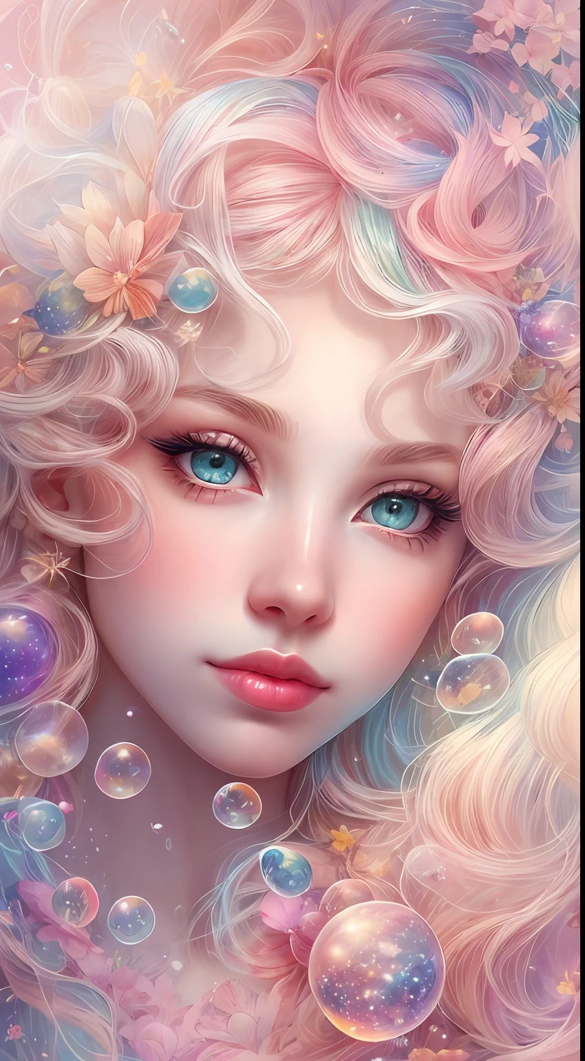 ((masterpiece)). This artwork is dreamy and ethereal, with soft pink watercolor hues. Generate a delicate fairy exploring a bubblegum world with a wide variety of pastel shades. Her sweet face is extremely detailed and realistic with elegant, and looks like ((Yael Shelvia)). Include mature features, and puffy, big lips and stunning, highly realistic eyes. Her eyes are important and should be realistic, highly detailed, and beautiful. In high definition and detail, include lots of details like stars, galaxies, colorful bubbles, colorful petals, and lots of energy and emotion! The stars and colorful bubblegum bubbles are important! Include fantasy details, enhanced details, iridescence, colorful glittering wind, and pollen. Pay special attention to her face and make sure it is beautifully and realistically detailed. The image should be dreamy and ethereal.8k, intricate, elegant, highly detailed, majestic, digital photography