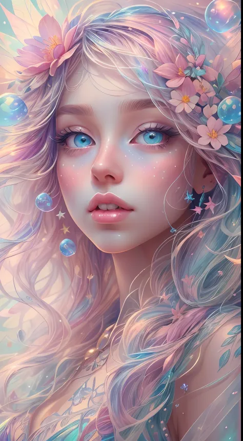 ((masterpiece)). This artwork is dreamy and ethereal, with soft pink watercolor hues. Generate a delicate fairy exploring a bubb...