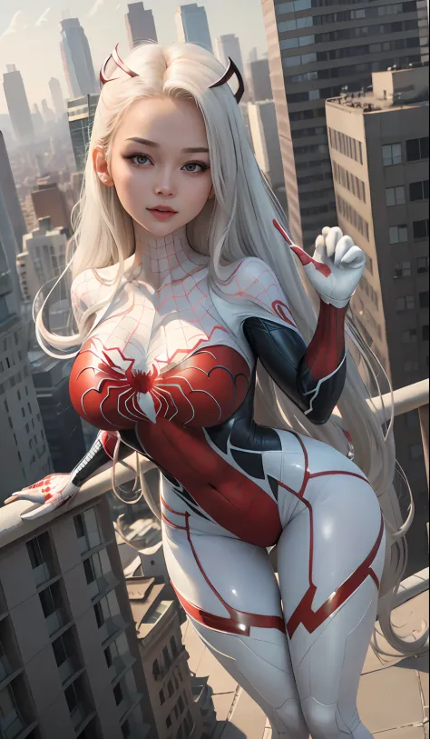 4k, realistic, charismatic, very detail, cute girl on top city, wearing spiderman costum,no mask , she is a spiderwoman, white super hero theme, white long hair, 22 years old, (big breast) full body