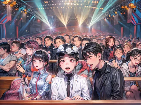 anime characters sitting in church，crowd of, kawasi, official artwork, guviz-style artwork, guviz, pixiv trending, high detailed...