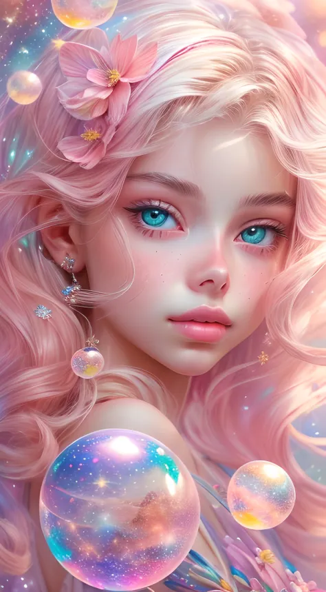 ((masterpiece)). This artwork is dreamy and ethereal, with soft pink watercolor hues. Generate a delicate fairy exploring a bubb...