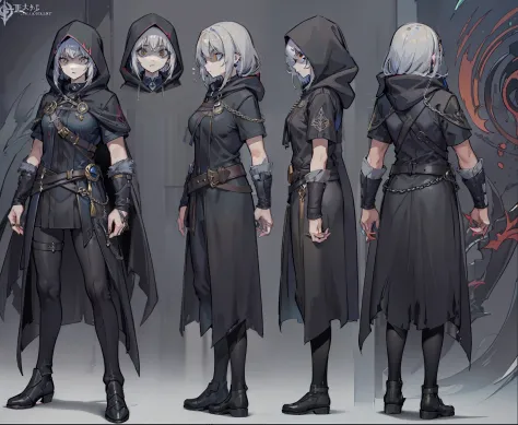 1woman, reference sheet, matching outfit, (fantasy character design, front, back, sides, left, right, up, down) Hooded, Female Hooded Figure. Cloaked in dark attire. Piercing yellow eyes radiating a predatory gaze. Swift and graceful movements, skilled as ...