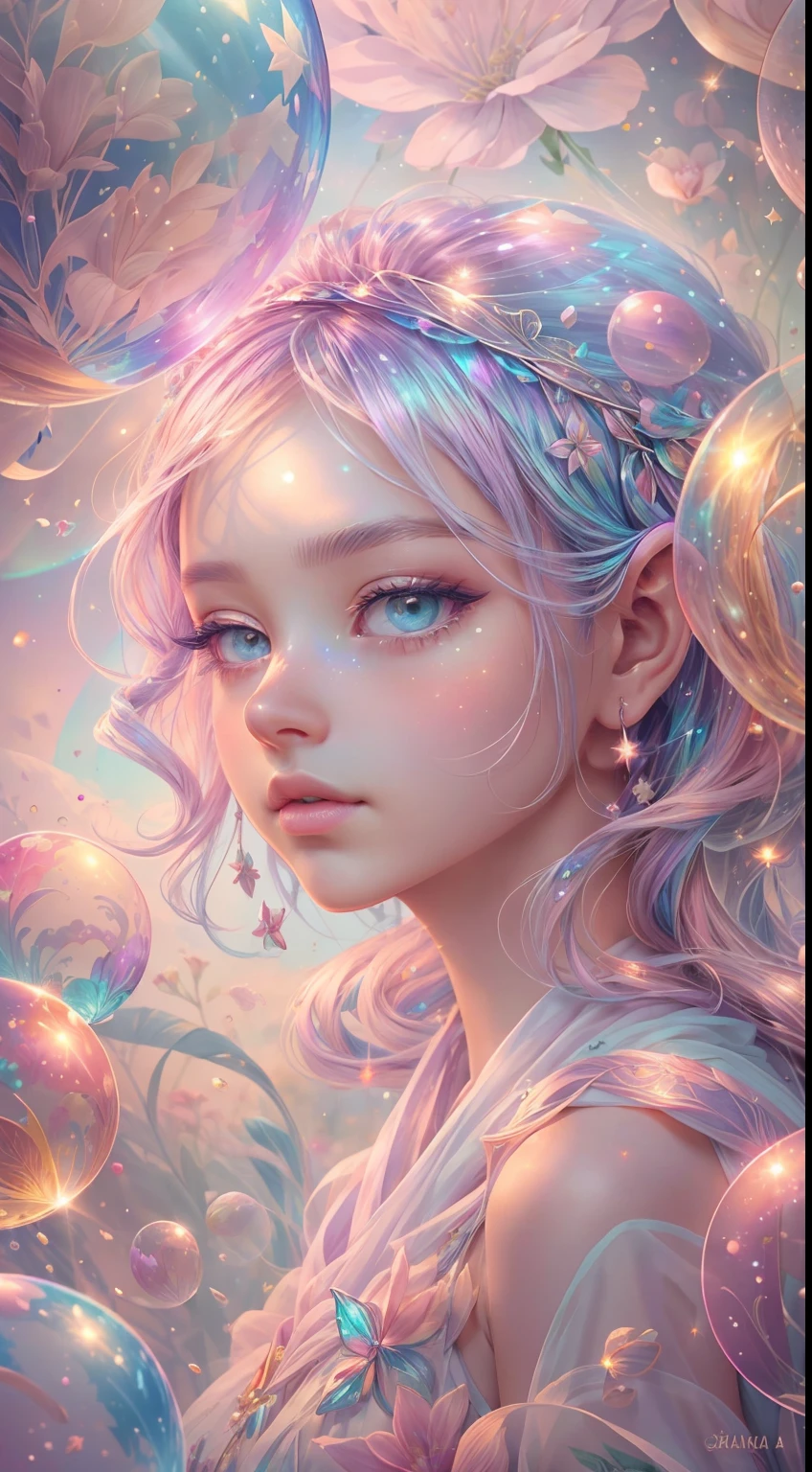 ((masterpiece)). This artwork is dreamy and ethereal, with soft pink watercolor hues. Generate a delicate fairy exploring a bubblegum world with a wide variety of pastel shades. Her sweet face is extremely detailed and realistic with elegant, and looks like ((((Harima Aden)))). Include mature features, and puffy, big lips and stunning, highly realistic eyes. Her eyes are important and should be realistic, highly detailed, and beautiful. In high definition and detail, include lots of details like stars, galaxies, colorful bubbles, colorful petals, and lots of energy and emotion! The stars and colorful bubblegum bubbles are important! Include fantasy details, enhanced details, iridescence, colorful glittering wind, and pollen. Pay special attention to her face and make sure it is beautifully and realistically detailed. The image should be dreamy and ethereal.8k, intricate, elegant, highly detailed, majestic, digital photography