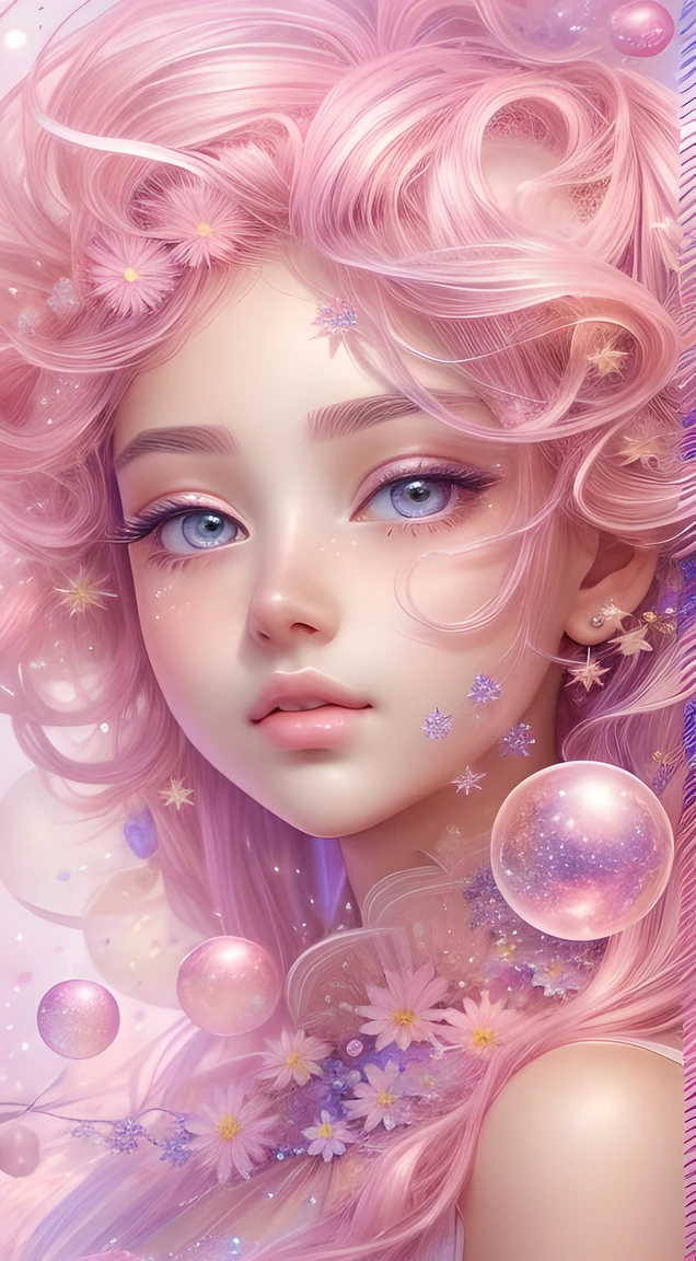 ((masterpiece)). This artwork is dreamy and ethereal, with soft pink watercolor hues. Generate a delicate fairy exploring a bubblegum world with a wide variety of pastel shades. Her sweet face is extremely detailed and realistic with elegant, and looks like ((((Harima Aden)))). Include mature features, and puffy, big lips and stunning, highly realistic eyes. Her eyes are important and should be realistic, highly detailed, and beautiful. In high definition and detail, include lots of details like stars, galaxies, colorful bubbles, colorful petals, and lots of energy and emotion! The stars and colorful bubblegum bubbles are important! Include fantasy details, enhanced details, iridescence, colorful glittering wind, and pollen. Pay special attention to her face and make sure it is beautifully and realistically detailed. The image should be dreamy and ethereal.8k, intricate, elegant, highly detailed, majestic, digital photography