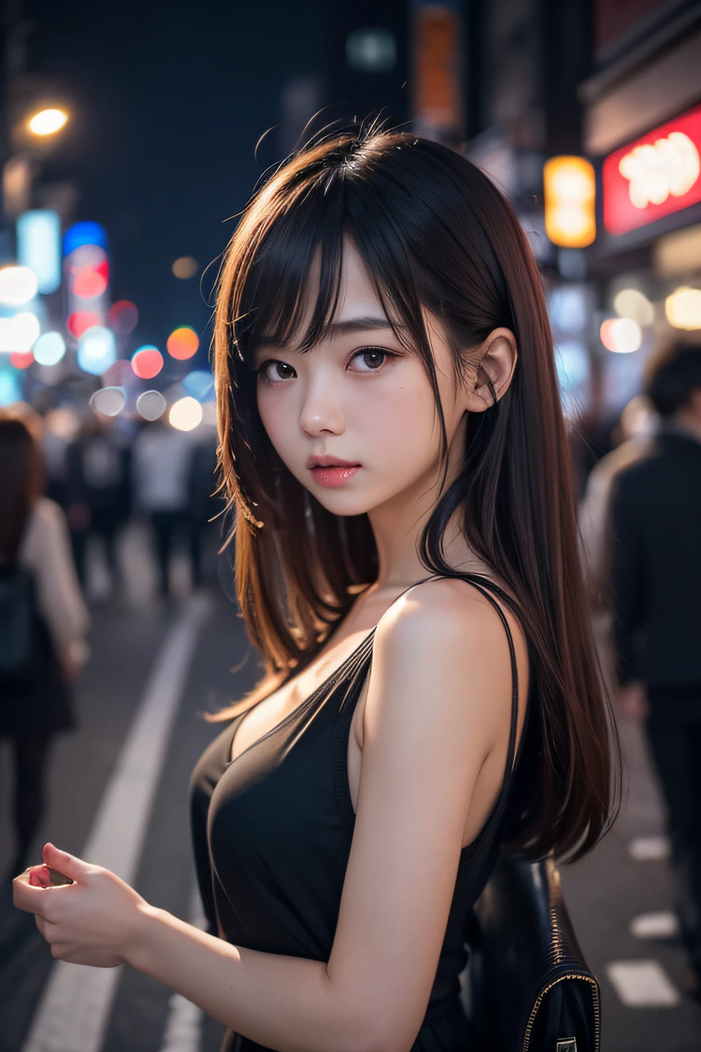 1girl, Tokyo street,night, cityscape,city lights, upper body,close-up, 8k, RAW photo, best quality, masterpiece,realistic, photo-realistic,