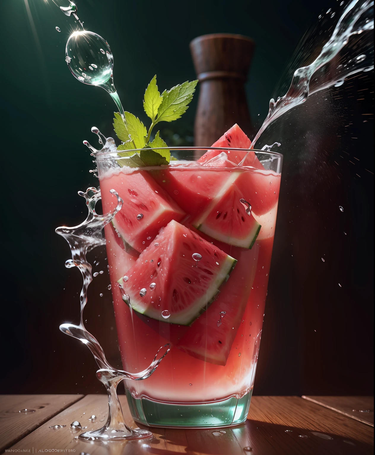 sem fundo, splashes of water in a glass of watermelon juice, ginger and mint leaves, fotorrealista, fotorrealismo, amazing food photography, fotografia de comida 4k, fotografia de comida 4k, fotografia de alta velocidade, slow-motion, fotografia de ultra alta velocidade, fotografia de comida