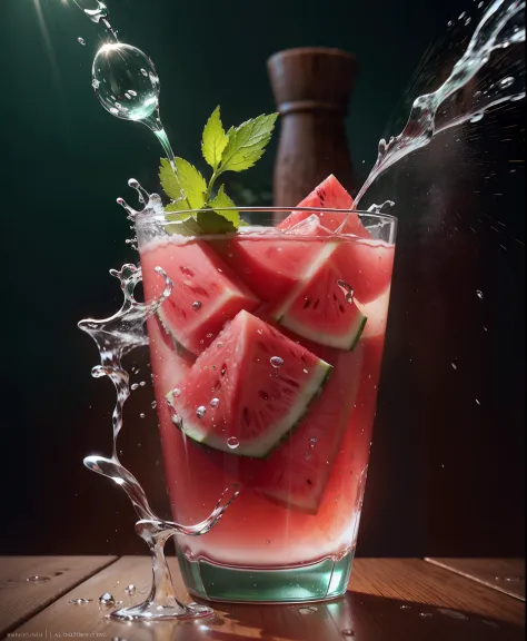 sem fundo, splashes of water in a glass of watermelon juice, ginger and mint leaves, fotorrealista, fotorrealismo, amazing food ...