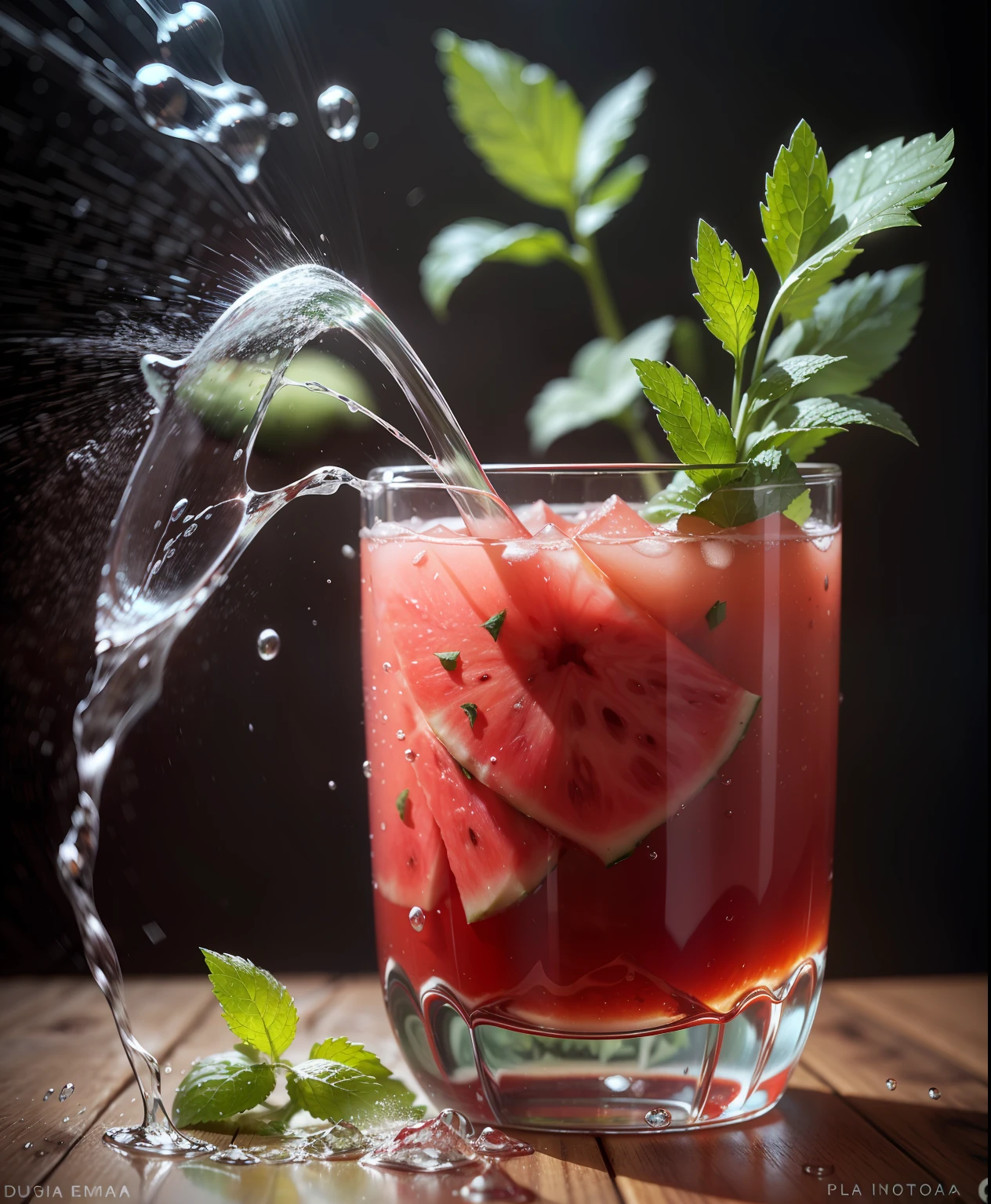 sans fond, éclaboussures d'eau dans un verre de jus de pastèque, gingembre et feuilles de menthe, photoréaliste, photoréalisme, superbe photographie culinaire, photographie culinaire 4k, photographie culinaire 4k, photographie à grande vitesse, ralenti, photographie à très grande vitesse, photographie culinaire