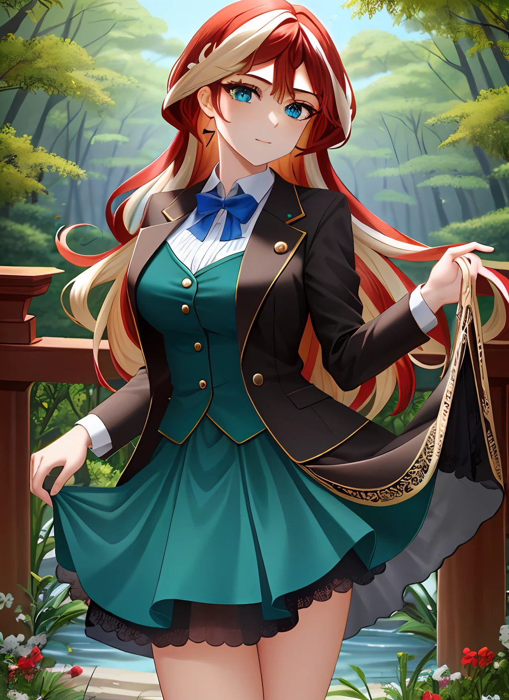 ((best quality)), ((highly detailed)), masterpiece, (detailed eyes, deep eyes), (1girl), cowboy shot, SunsetHuman, (multicolored hair, (two-tone hair:1.1), red and blonde hair), BREAK, aqua eyes, skirt suit, high heels