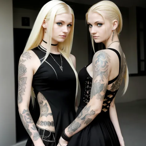 a blond woman with tattoos on her arm and a black dress, taken in the late 2000s, pale goth beauty, taken in the mid 2000s, take...