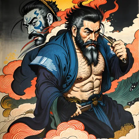 there is a painting of a man with a beard and beard, inspirado em yasuo kuniyoshi, inspirado em utagawa kuniyoshi, inspired by s...