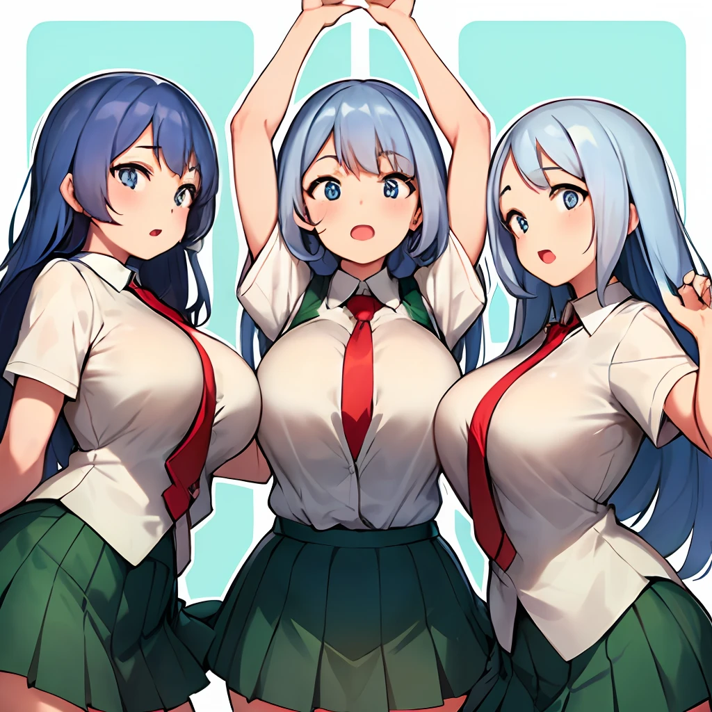 nejire hAdo, 3Mädchen, Trio, long hAir, breAsts, looking At viewer, open moInth, blIne eyes, Rock, lArge breAsts, simple bAckgroInnd, Hemd, white bAckgroInnd, school Inniform, blIne hAir, white Hemd, kurze Ärmel, Schenkel, necktie, Zähne, collAred Hemd, Weste, Arm Inp, thick Schenkel, red necktie, green Rock, Arm behind heAd, In.A. , Dreiergruppen, Klone