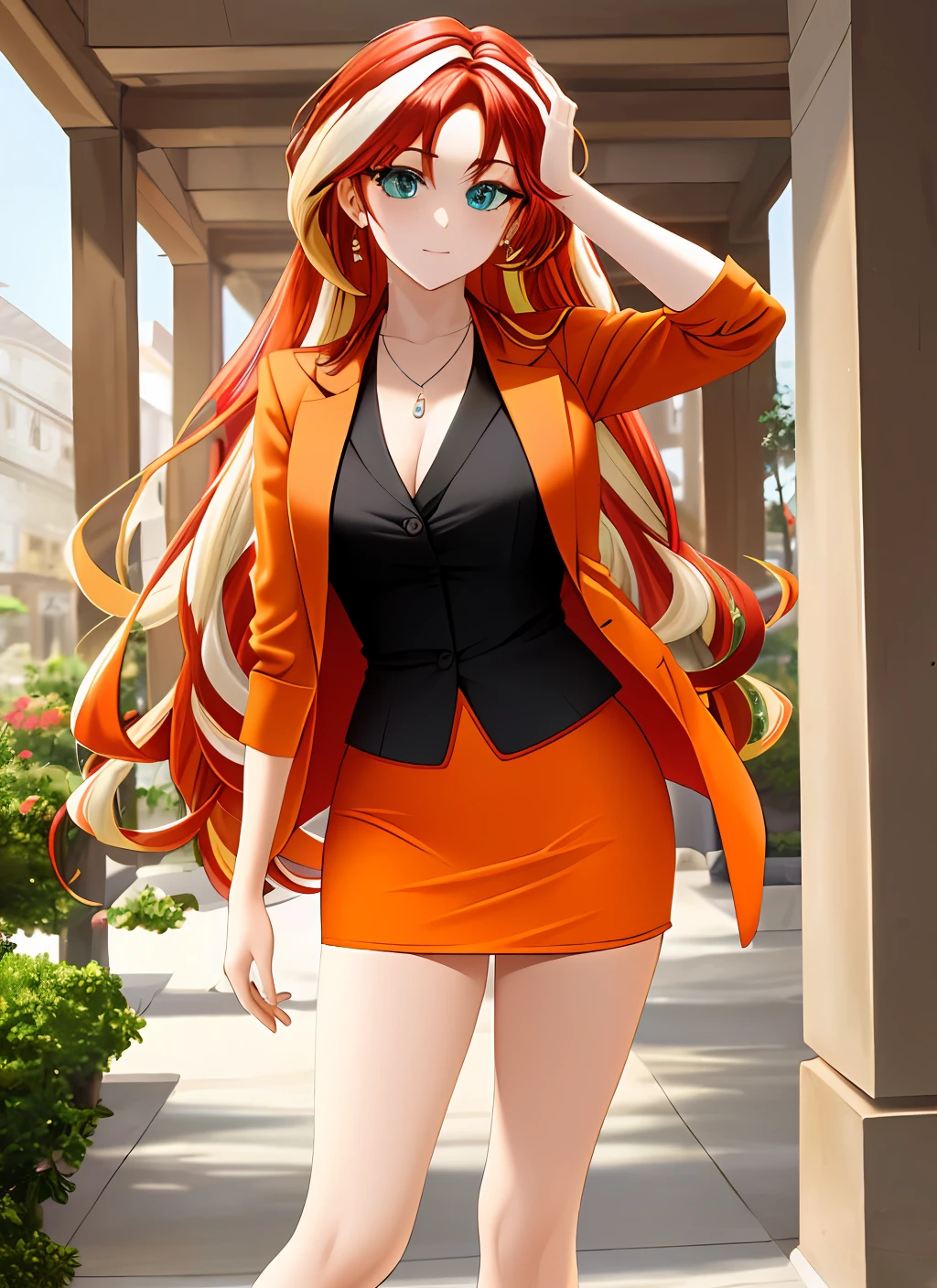 ((best quality)), ((highly detailed)), masterpiece, (detailed eyes, deep eyes), (1girl), SunsetHuman, (multicolored hair, (two-tone hair:1.1), red and blonde hair), BREAK, aqua eyes, orange skirt suit, orange blazer, orange skirt, pencil skirt, tight skirt, bare legs, high heels, full body, office