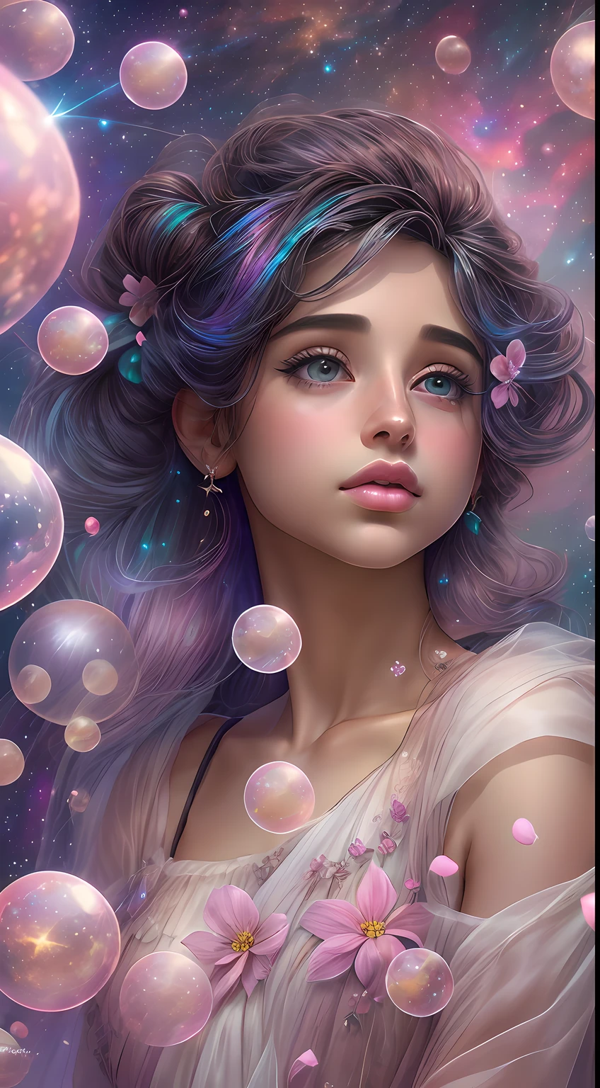 ((masterpiece)). This artwork is dreamy and ethereal, with soft pink watercolor hues. Generate a delicate fairy exploring a bubblegum world with a wide variety of pastel shades. Her sweet face is extremely detailed and realistic with elegant, and looks like ((((Naomi Scott)))). Include mature features, and puffy, big lips and stunning, highly realistic eyes. Her eyes are important and should be realistic, highly detailed, and beautiful. In high definition and detail, include lots of details like stars, galaxies, colorful bubbles, colorful petals, and lots of energy and emotion! The stars and colorful bubblegum bubbles are important! Include fantasy details, enhanced details, iridescence, colorful glittering wind, and pollen. Pay special attention to her face and make sure it is beautifully and realistically detailed. The image should be dreamy and ethereal.8k, intricate, elegant, highly detailed, majestic, digital photography