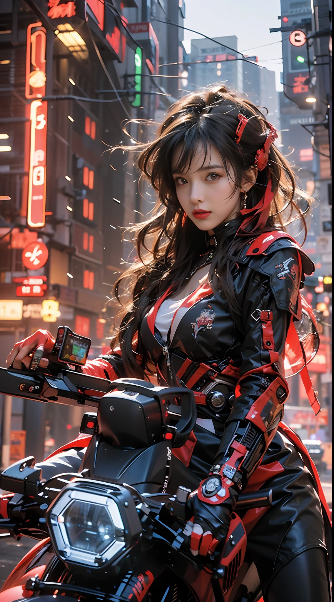 Highest image quality, outstanding detail, ultra-high resolution, (fidelity: 1.4), best illustration, favor details, highly condensed 1girl, with a delicate and beautiful face, dressed in black and red mecha, wearing a mecha helmet, holding a direction controller, riding on a motorcycle, the background is a high-tech lighting scene of the future city.