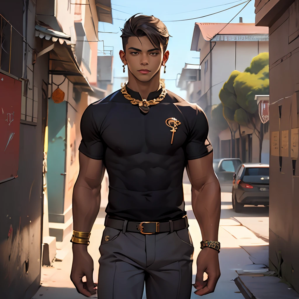 超現実的な, シナモン色の肌を持つ16歳の少年, 引き締まったアスリートボディのストレートヘア,ぴったりとした黒いシャツを着た男性の真剣で思慮深い観察者, 背景には古代エジプトの都市