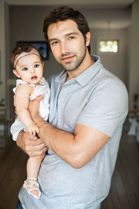 A closeup of a man holding a baby in a living room, pai com filho, imagem de perfil, foto do perfil, foto comercial, Chris Haas ...