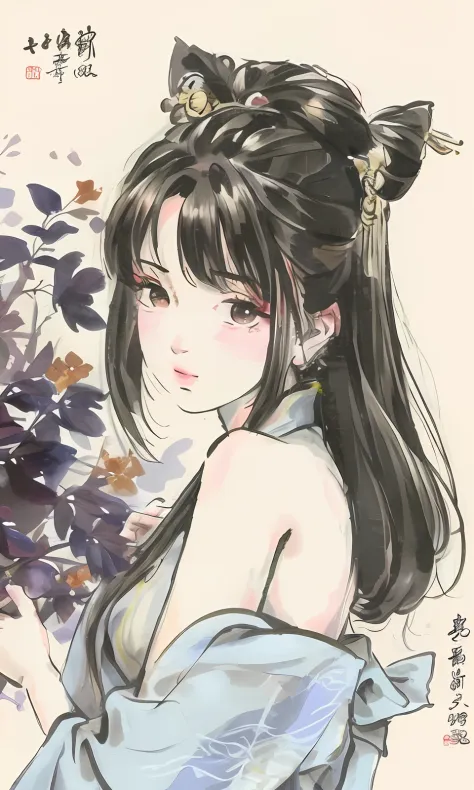 Chinese painting geisha bushido long hair