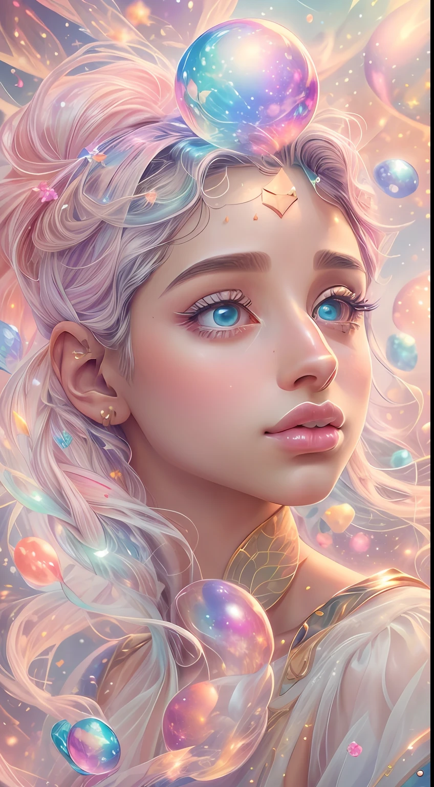 ((masterpiece)). This artwork is dreamy and ethereal, with soft pink watercolor hues. Generate a delicate fairy exploring a bubblegum world with a wide variety of pastel shades. Her sweet face is extremely detailed and realistic with elegant, and looks like ((((Naomi Scott)))). Include mature features, and puffy, big lips and stunning, highly realistic eyes. Her eyes are important and should be realistic, highly detailed, and beautiful. In high definition and detail, include lots of details like stars, galaxies, colorful bubbles, colorful petals, and lots of energy and emotion! The stars and colorful bubblegum bubbles are important! Include fantasy details, enhanced details, iridescence, colorful glittering wind, and pollen. Pay special attention to her face and make sure it is beautifully and realistically detailed. The image should be dreamy and ethereal.8k, intricate, elegant, highly detailed, majestic, digital photography