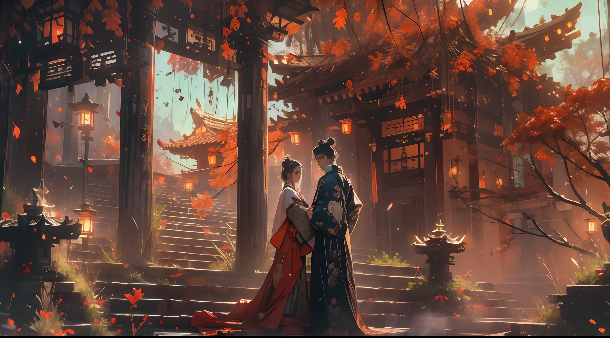 （tmasterpiece：1.2），best qualtiy，realisticlying，Tyndall effect，Underworld marriage，Spooky atmosphere，natta，Red palace lamp， The tree， scenecy， exteriors， "Young, Handsome and beautiful aristocratic couple traveling in the underworld，Detailed eyes，Clear facial features"，Japanese clothes， east asian architecture， buliding， Skysky， nigh sky， stairways，amaryllis