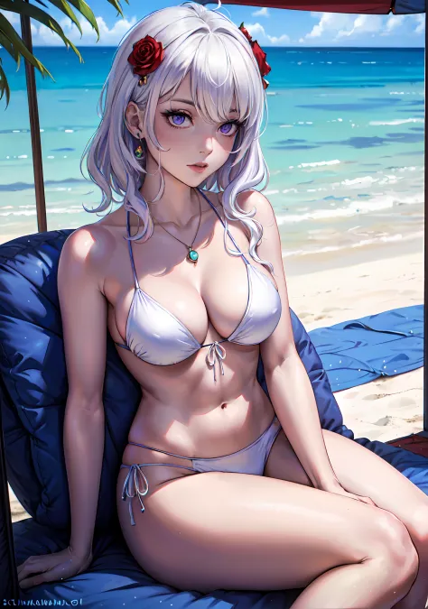 (masterpiece:1.2, best quality), (1lady, solo,(portrait shot)), Clothing: white bikini, strappy sandals, Accessories: shell necklace, Hair: loose beach waves, white hair, short wavy hair, Makeup: natural, glowing skin, Behavior: relaxed, carefree, free-spi...