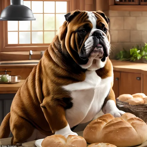 A fantasy cinematic drawing of an english bulldog in a kitchen, making bread while looking at the camera