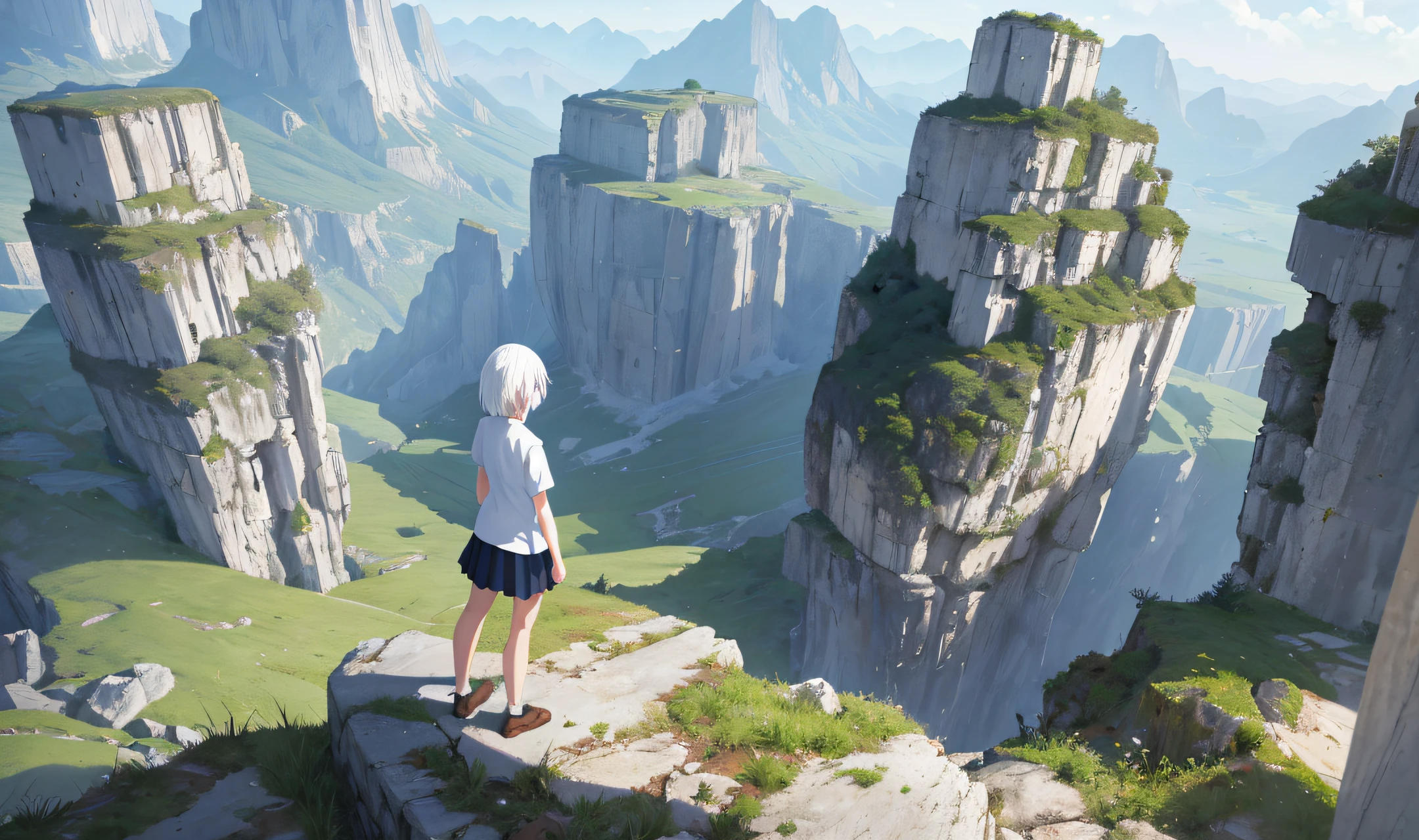 Anime, works, top quality, ultra_detailed,1girl, upper body, white hair, white shirt, short sleeves, medium-chested, silver hair, shirt, landscape, back facing, viewing landscape, spacious and beautiful landscape,