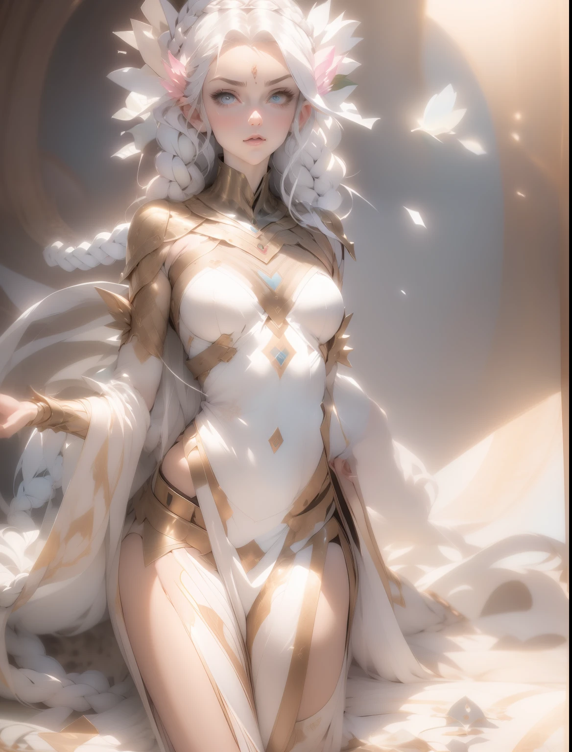 ((Best quality)), ((Masterpiece)), (Detailed: 1.4), (Absurd),  Fair and delicate skin，Beautiful face, flash dc comics, Lightning and lightning, musculature, half-thick naked thighs, Closed mouth,, white environment，Single pure，Neon Genesis Evangelion style, Cyberpunk,, ((perfect medium breasts)), (Ultra-light blue eyes，),  ((The costume is all white)), (((white hair with braid))), long eyelashes heavy makeup, niji --V5, near the real, Sexy pose, White background environment，Bright lighting，The light is even， White, Centered, Scale to fit the dimensions, hdr (HighDynamicRange), Ray tracing,NVIDIA RTX,Hyper-Resolution,Unreal 5,Subsurface dispersion, PBR Texture, Post-processing, Anisotropic filtering, Depth of field, Maximum clarity and sharpness, Many-Layer Textures, Albedo and specular maps, Surface coloring, Accurate simulation of light-material interaction, Perfect proportions, rendering by octane, Two-tone lighting, Wide aperture, Low ISO, White balance, Rule of thirds, 8K raw data, crysisnanosuit