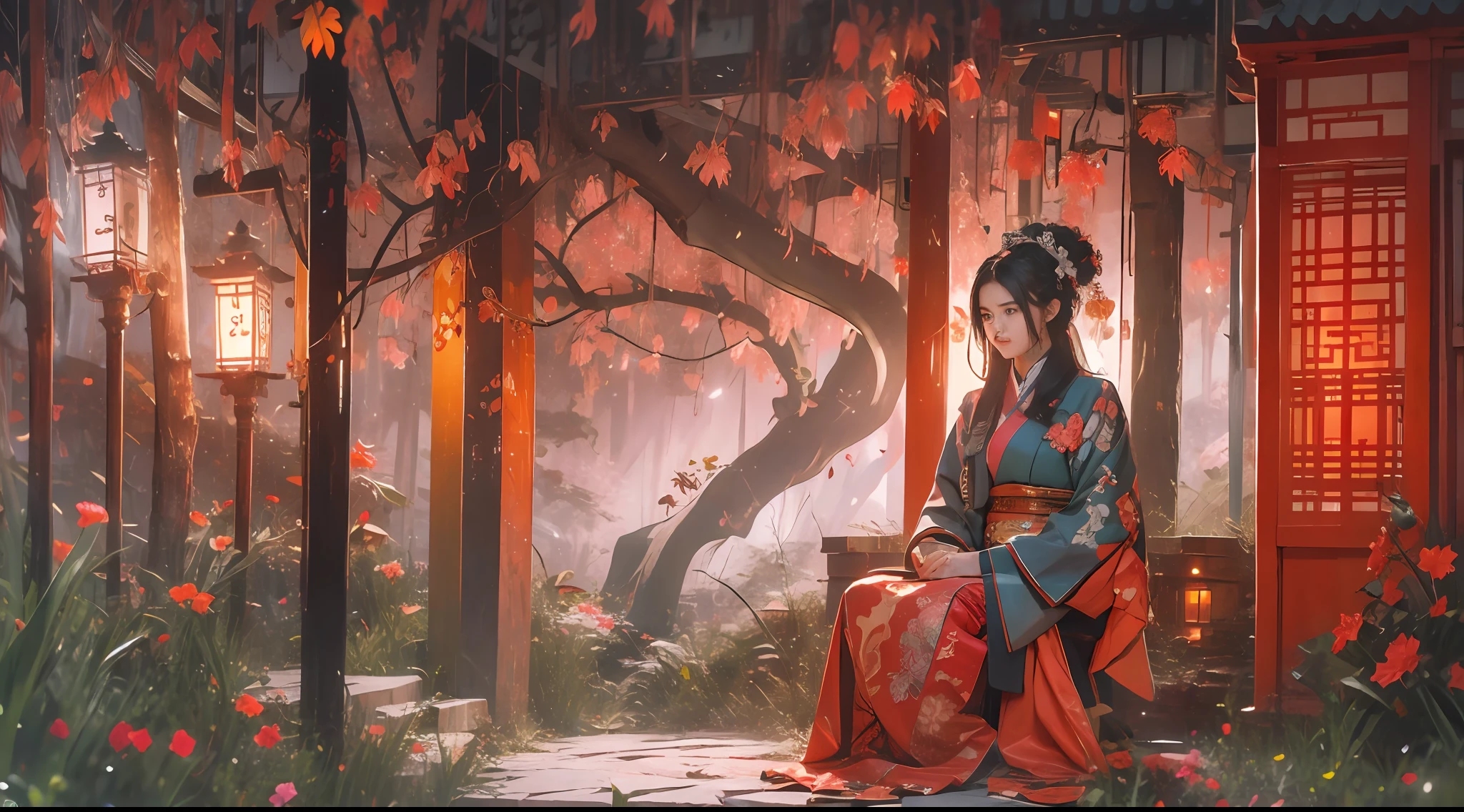 （tmasterpiece：1.2），best qualtiy，realisticlying，Tyndall effect，Underworld marriage，Spooky atmosphere，natta，Red palace lamp， The tree， scenecy， exteriors， "Young, Handsome and beautiful aristocratic couple traveling in the underworld，Detailed eyes，Clear facial features"，Japanese clothes， east asian architecture， buliding， Skysky， nigh sky， stairways，amaryllis