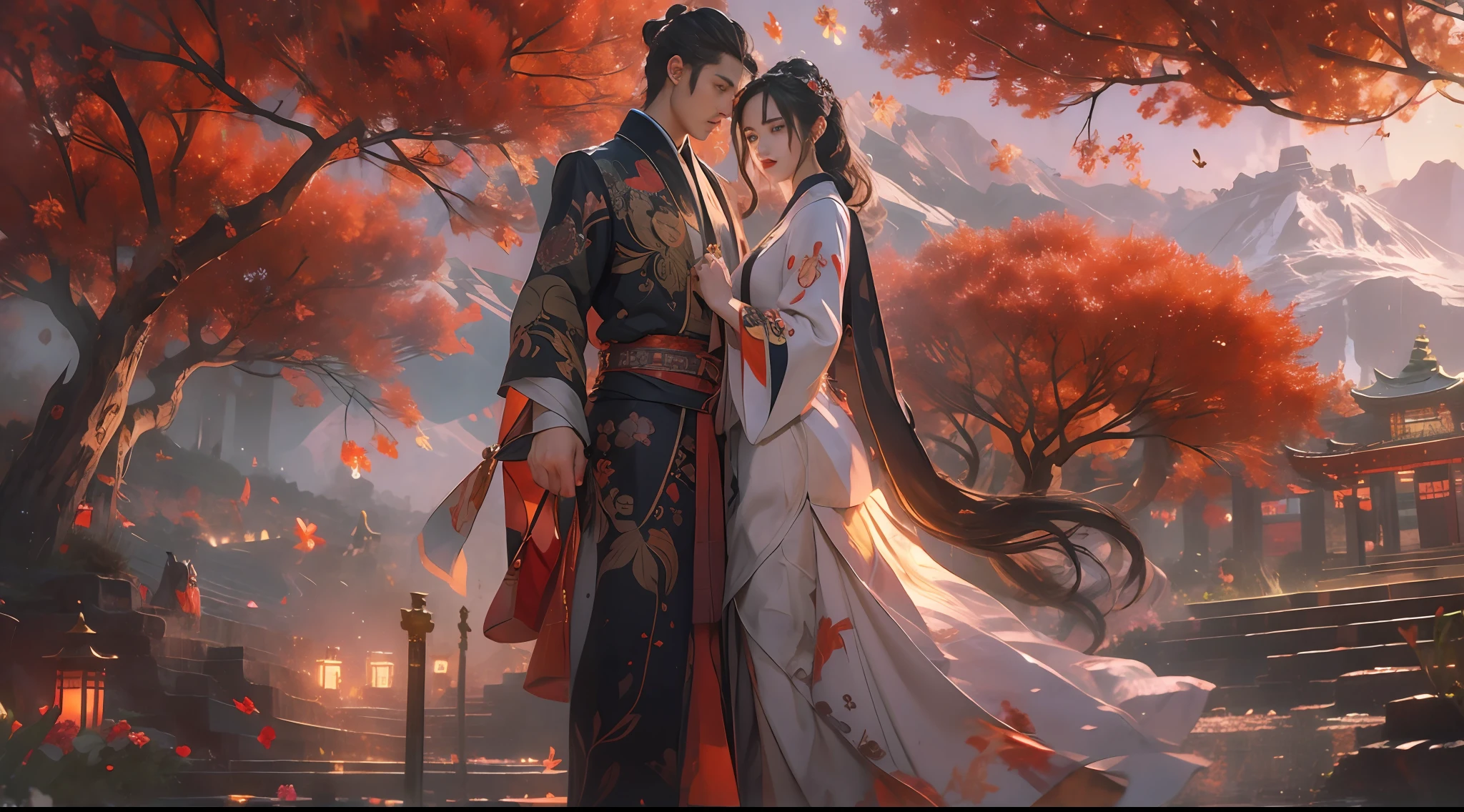 （tmasterpiece：1.2），best qualtiy，realisticlying，Tyndall effect，Underworld marriage，Spooky atmosphere，natta，Red palace lamp， The tree， scenecy， exteriors， "Young, Handsome and beautiful aristocratic couple traveling in the underworld，Detailed eyes，Clear facial features"，Japanese clothes， east asian architecture， buliding， Skysky， nigh sky， stairways，amaryllis