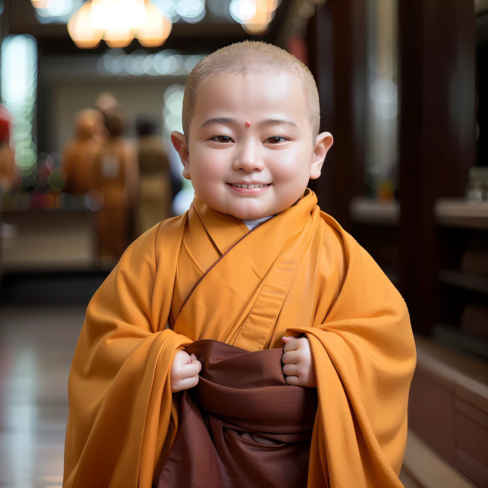 Un autre, a baby in a moine's robe, a souri et a tenu un morceau de tissu, wearing robe marrons, moine clothes, buddhist moine, petit garçon portant une tenue de nonne, porter une longue robe fluide, bouddhiste, portrait of moine, vêtu de robes simples, moine, ancient japanese moine, 2 1 st century moine, robe de moine, Porter des robes de Jedi brunes, robe marron, Visage du tout-petit，chauve。