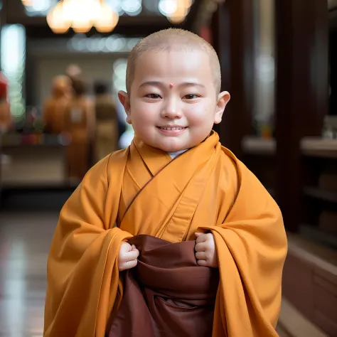 Alid, a baby in a monk's robe, smiled and held a piece of cloth, wearing brown robes, monk clothes, buddhist monk, little boy we...