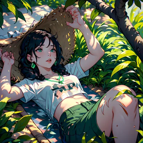 A woman lying unconscious on a bed of hay, under a shady tree, with her black hair neatly braided, wearing a white t-shirt and p...