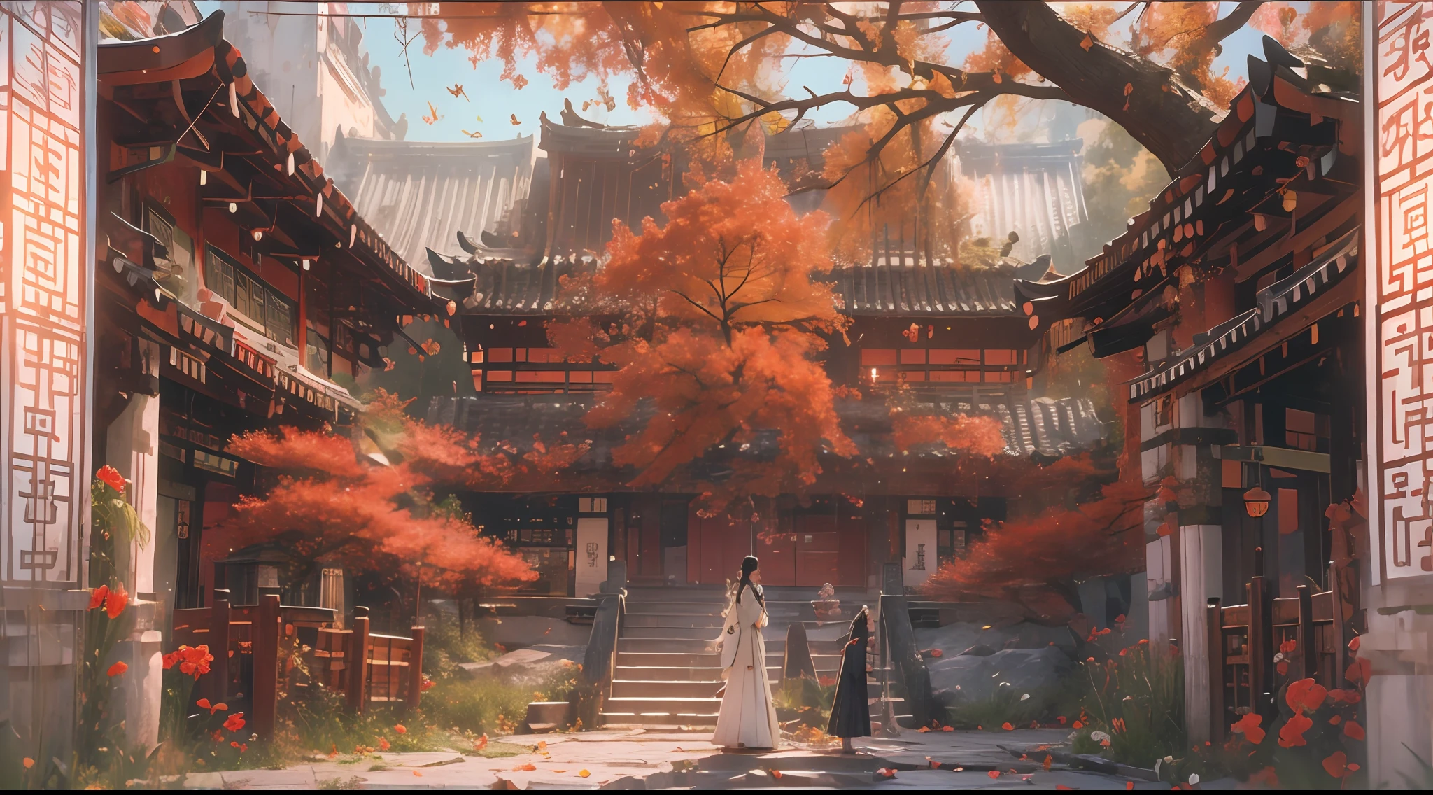 （tmasterpiece：1.2），best qualtiy，realisticlying，Tyndall effect，Underworld marriage，Spooky atmosphere，natta，Red palace lamp， The tree， scenecy， exteriors， "Young, Handsome and beautiful aristocratic couple traveling in the underworld，Detailed eyes，Clear facial features"，Japanese clothes， east asian architecture， buliding， Skysky， nigh sky， stairways，amaryllis