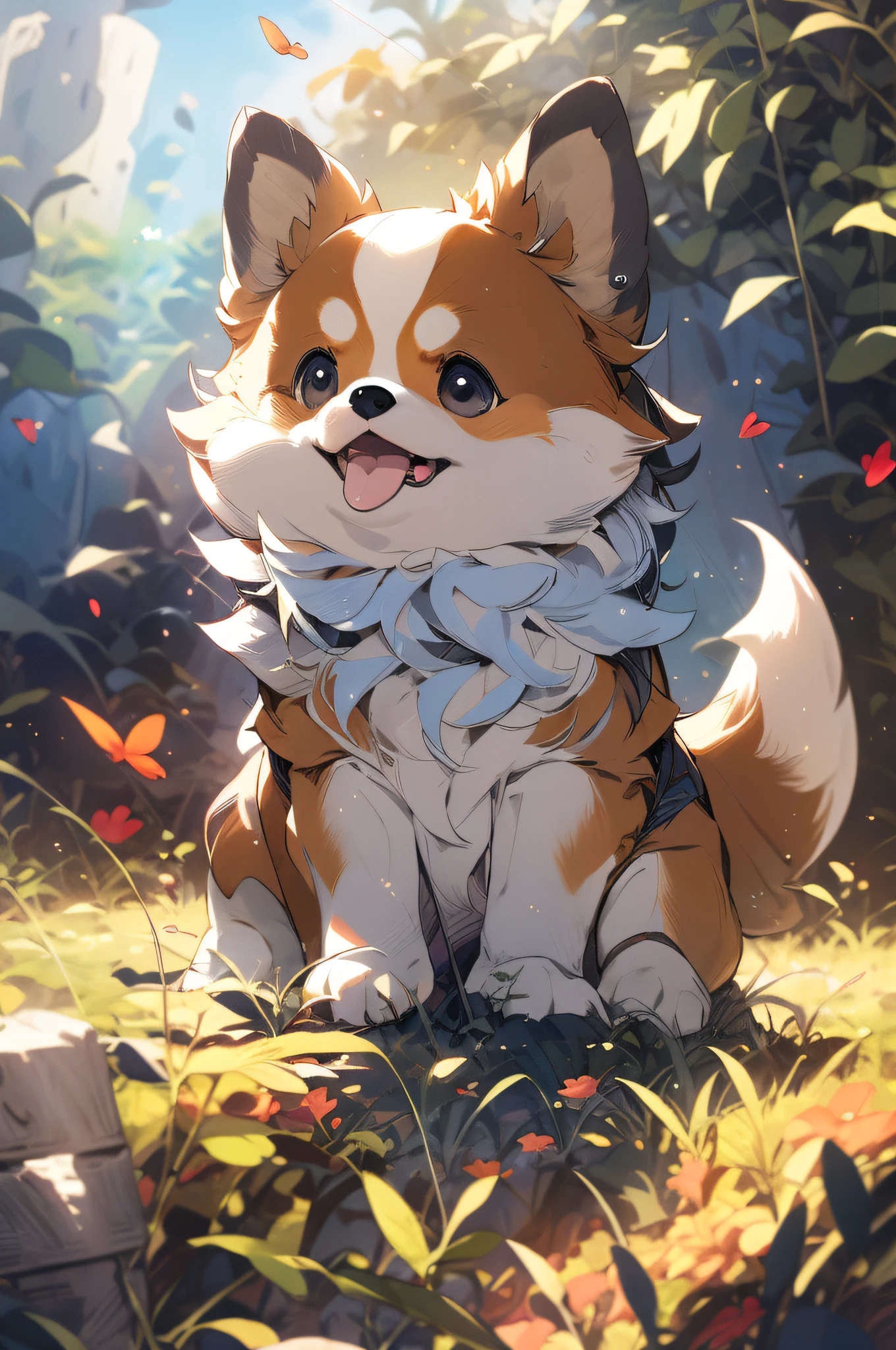 1 pomeranian puppy, cute, outdoors, god rays,  kawaii, slice of life, studio ghibli, (masterpiece:1.2), (best quality:1.2), Amazing, highly detailed, beautiful, finely detail, Depth of field, extremely detailed CG unity 8k wallpaper,