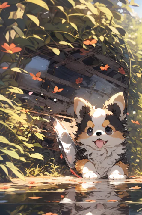 1 pomeranian puppy, cute, outdoors, god rays,  kawaii, slice of life, studio ghibli, (masterpiece:1.2), (best quality:1.2), Amaz...