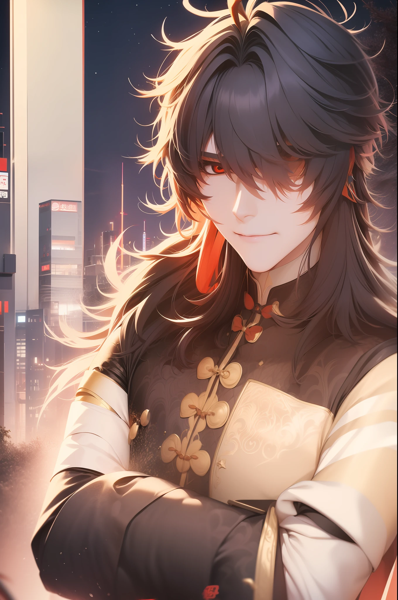 1 handsome young man, Brutal, 独奏, body complet, Full-length, in full height, hairlong, , looking a viewer, blusher, Loving and crazy look, Blade ( Honkai: Star Railway ), The background is dark in Chinese style, macabre