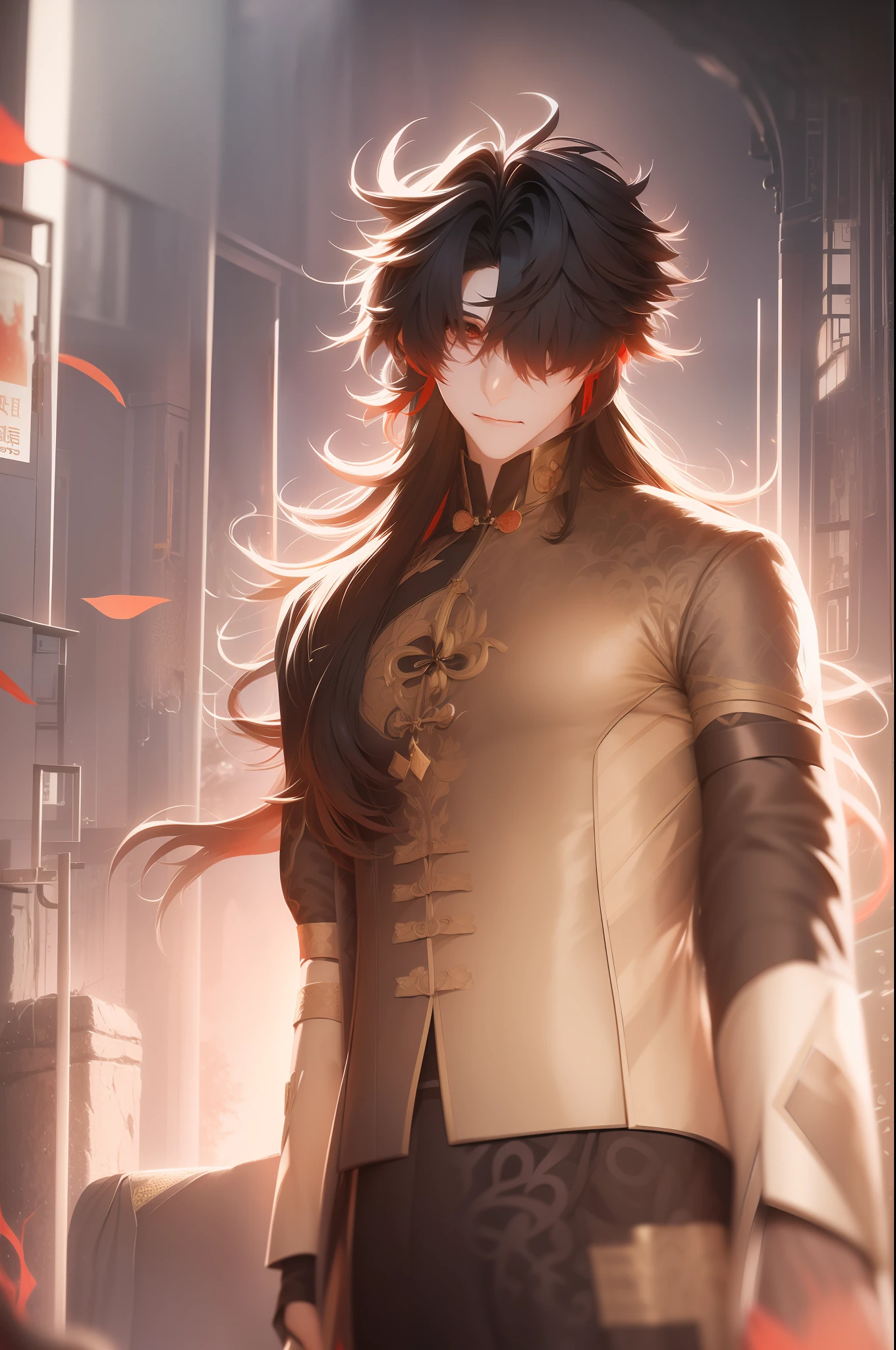 1 handsome young man, Brutal, 独奏, body complet, Full-length, in full height, hairlong, , looking a viewer, blusher, Loving and crazy look, Blade ( Honkai: Star Railway ), The background is dark in Chinese style, macabre