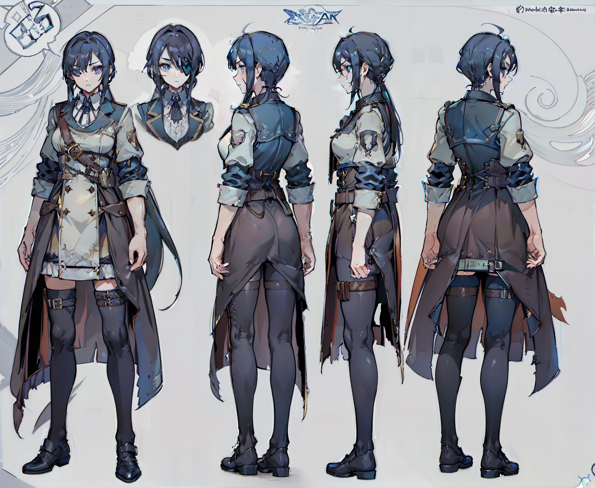 1woman, reference sheet, matching outfit, (fantasy character design, front, back, sides, left, right, up, down) Rodericka. Tall and well-built stature with feminine grace. Piercing blue eye holding a hint of mystery, the other eye socket covered with an eyepatch, a reminder of her past encounters. Dark, slightly unkempt hair giving her a rugged and dashing appearance. Practical yet stylish attire designed for adventurous travels. Confident and seasoned, with calloused hands and scars as proof of her experiences. (masterpiece:1.2), (best quality:1.3).
